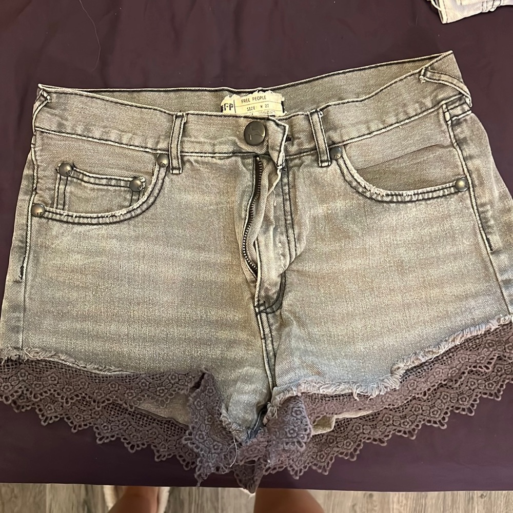 Dark gray lace trim free people denim shorts